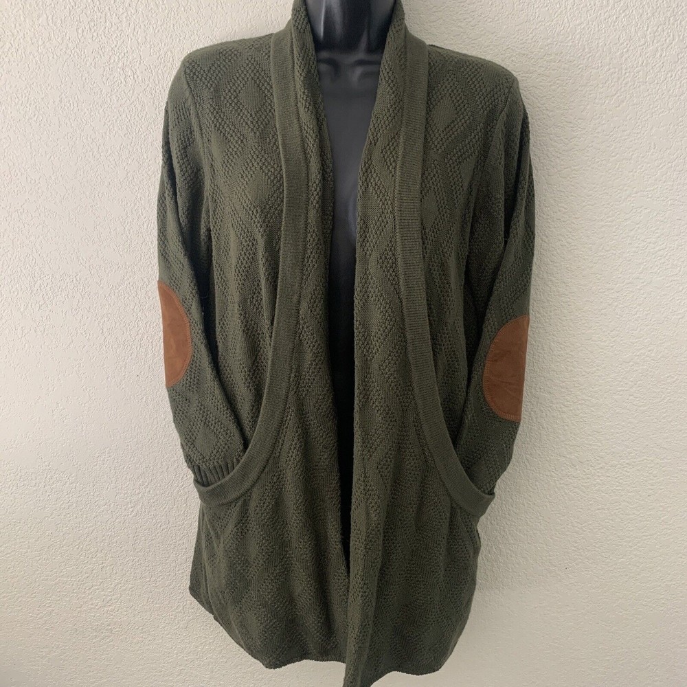 Market & Spruce Green Cotton Open Front Cardigan Size M Elbow Patches Pockets